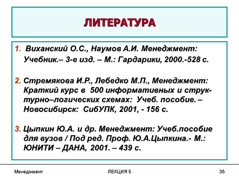 Менеджмент ЛЕКЦИЯ 5 35 ЛИТЕРАТУРА 1.  Виханский О.С., Наумов А.И. Менеджмент:  